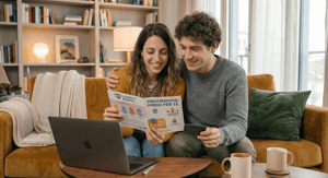 uomo e donna abbracciati che stanno guardando un volantino di una raccolta punti