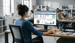 ragazza sul computer in ufficio che sta guardando la dashboard delle spese aziendali