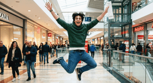 ragazzo che sta saltando in un centro commerciale