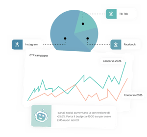 Grafico con performance delle campagne e distribuzione traffico dai social: Instagram, TikTok e Facebook.